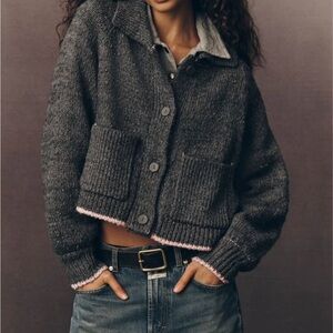 Pilcro Charcoal Cardigan with Pink Accents